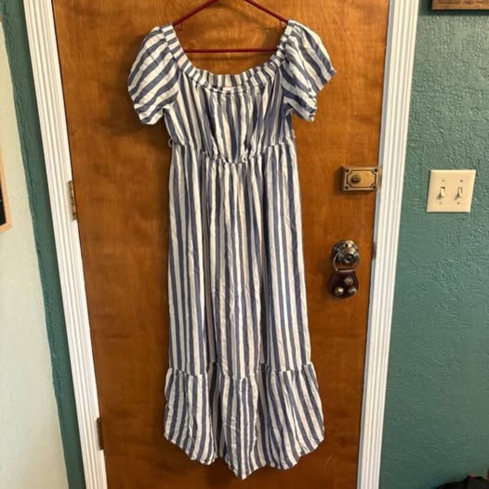 Maternity Dress Blue & White Stripe Short Sleeve Scoop Neck Isabel Size Small